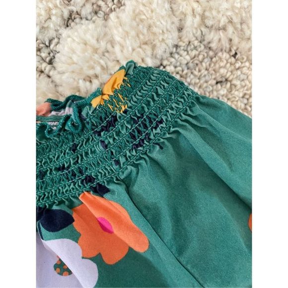 Hanna Andersson Top Smock Neck 3/4 Sleeve Floral Ladybug Green Girls Kids Size 4 - Picture 4 of 9